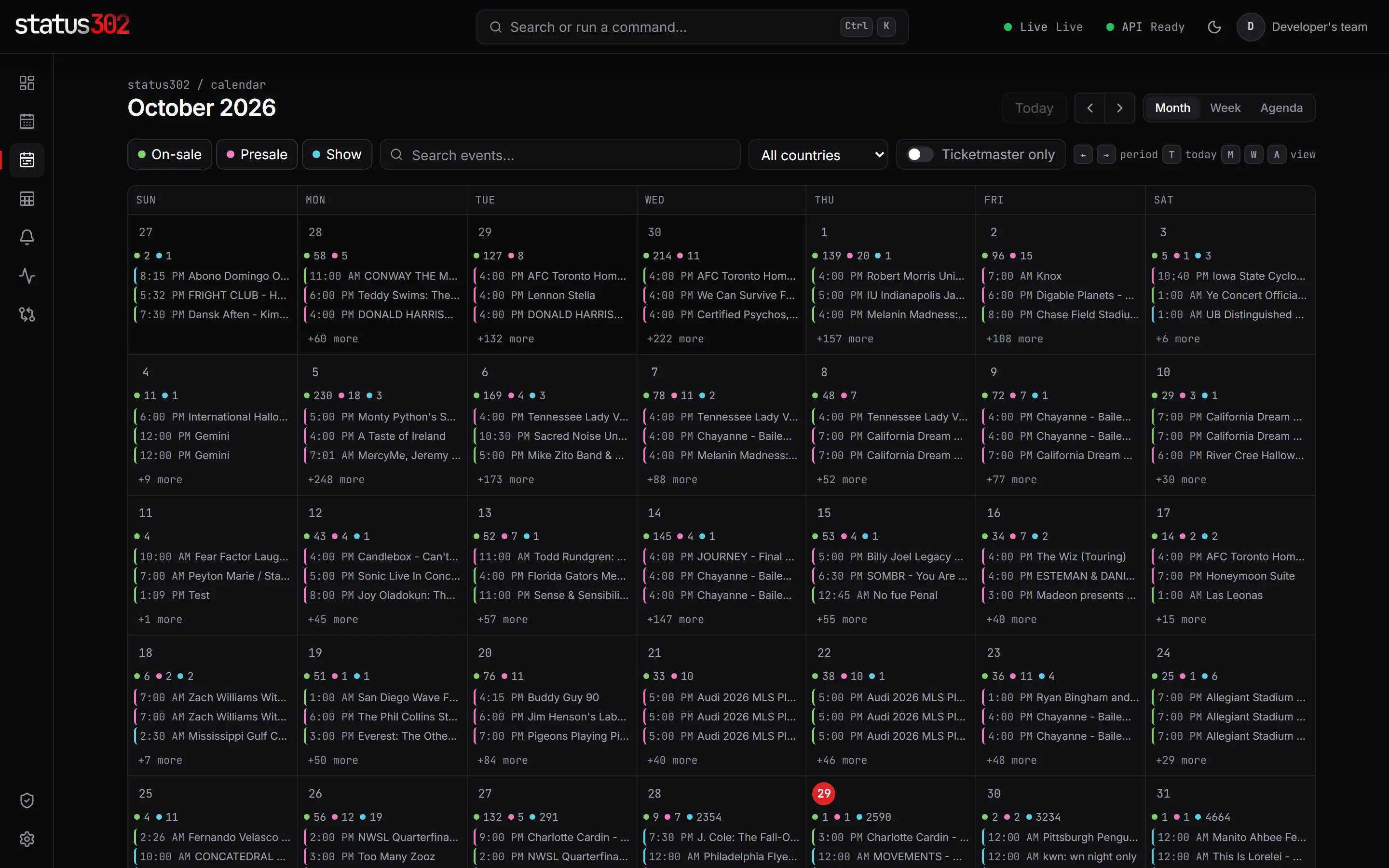 The on-sale calendar: a month of public on-sales, presales and shows, with each day's counts and first items.