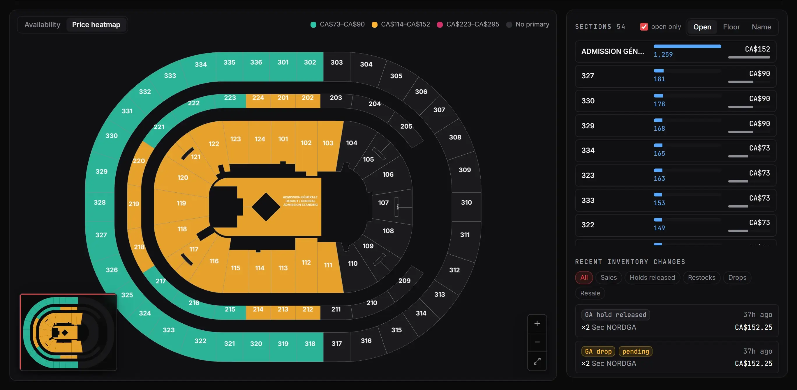 The seat map in price heatmap mode, with sections by open seats and the recent inventory changes beside it.