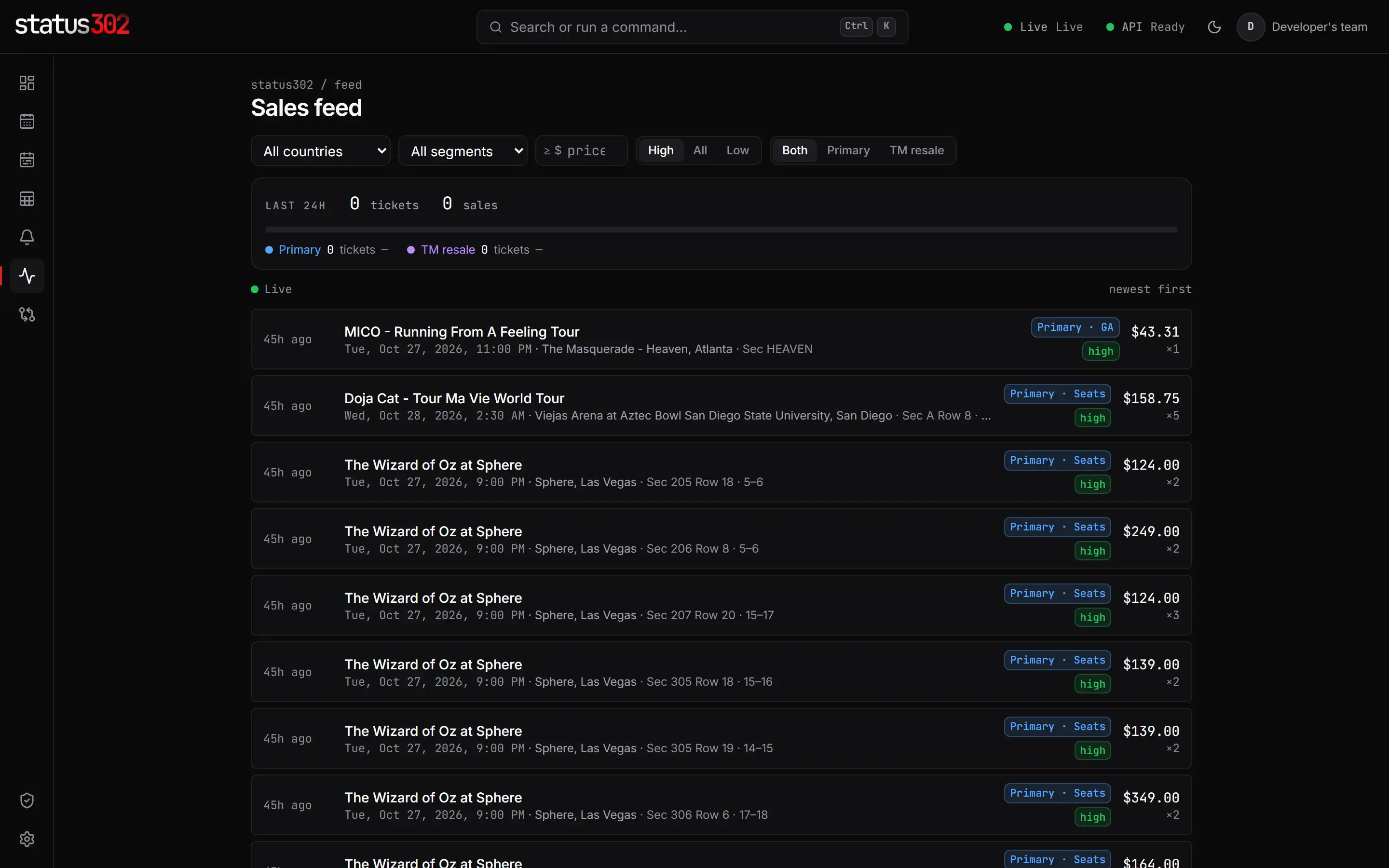 The live sales feed: each sale with its event, section, row, quantity, price and confidence.
